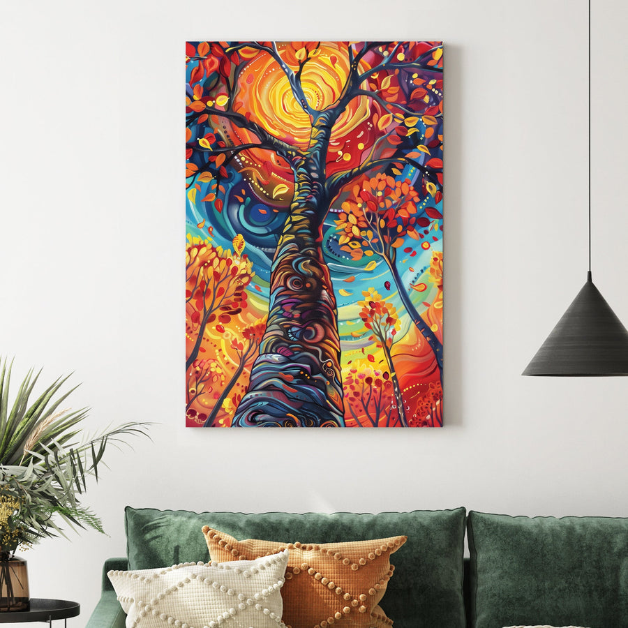 vibrant swirling tree with glowing orange sun and abstract leaves wall art