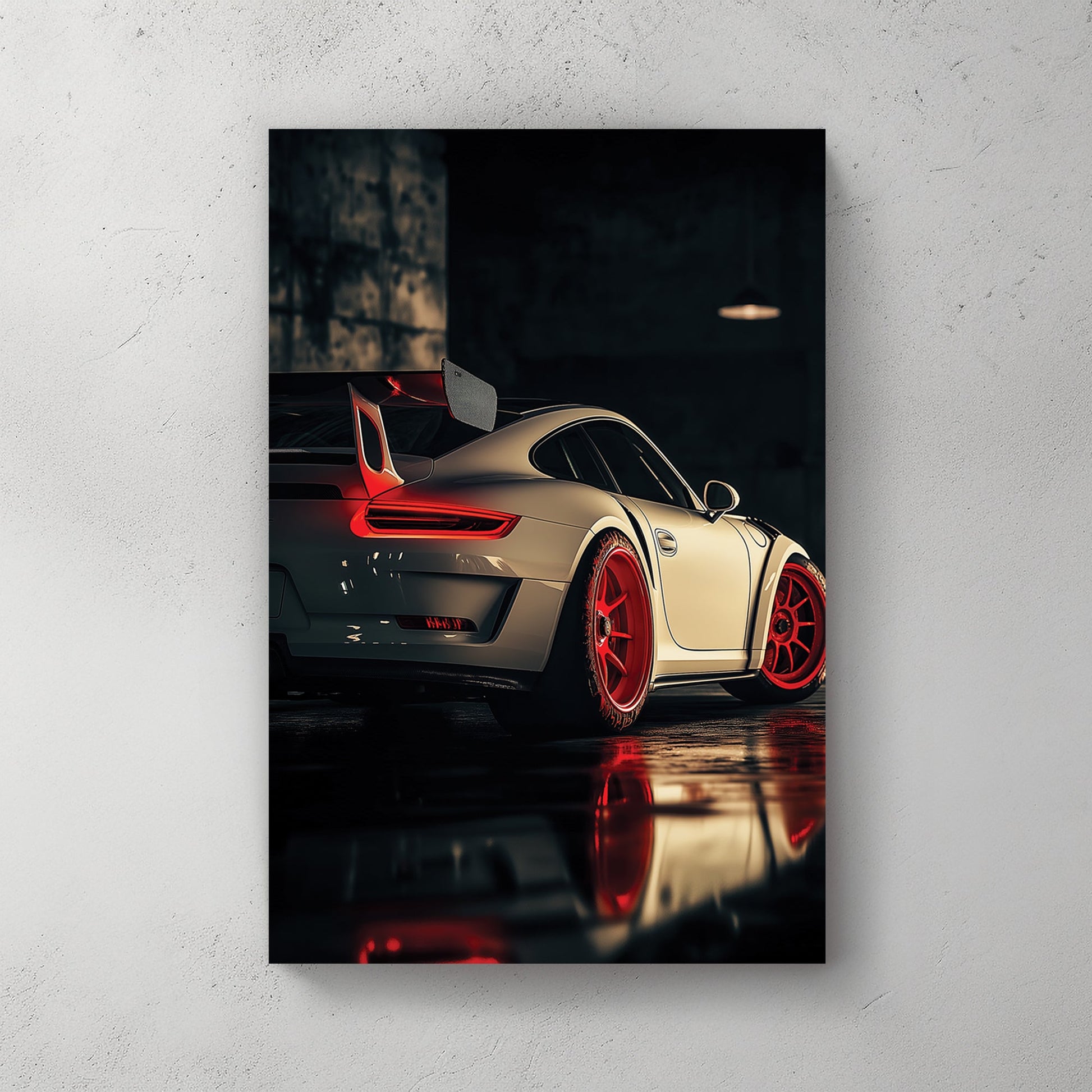Porsche GT sports car in dark garage wall art