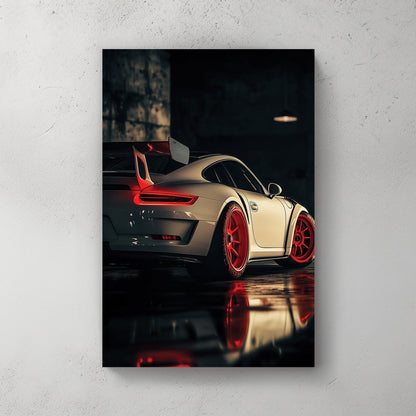 Porsche GT sports car in dark garage wall art