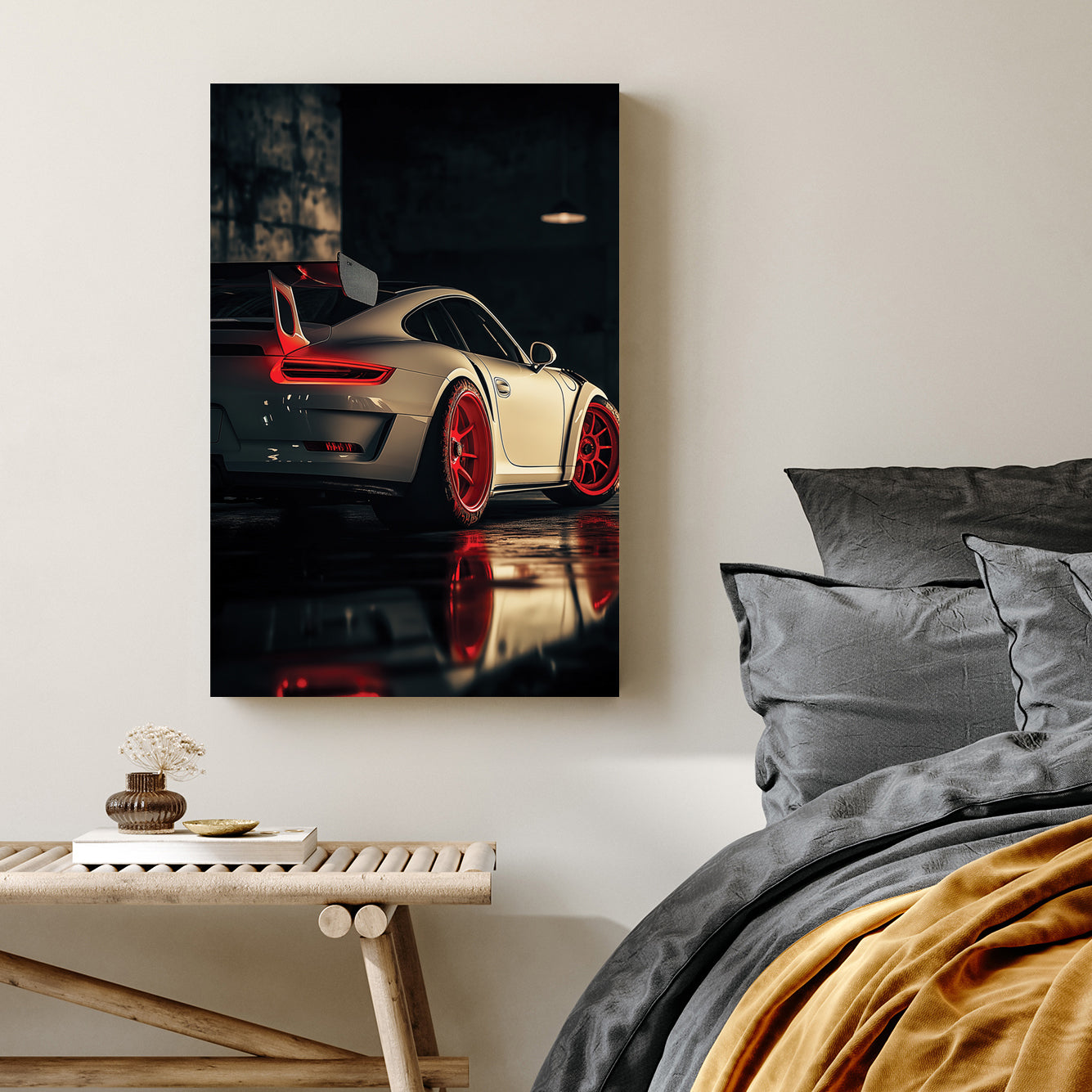 Porsche GT sports car in dark garage wall art
