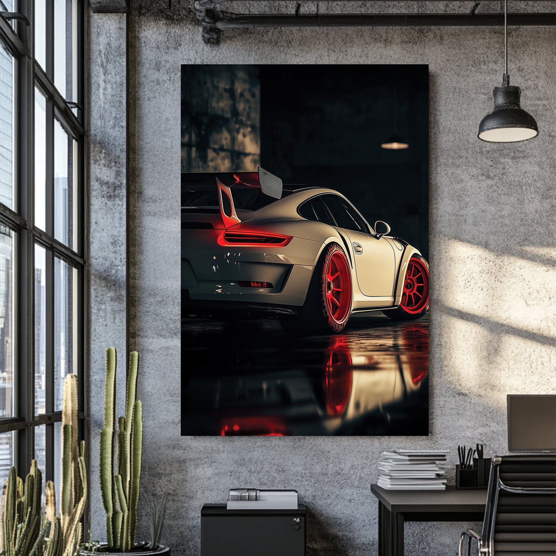 Porsche GT sports car in dark garage wall art