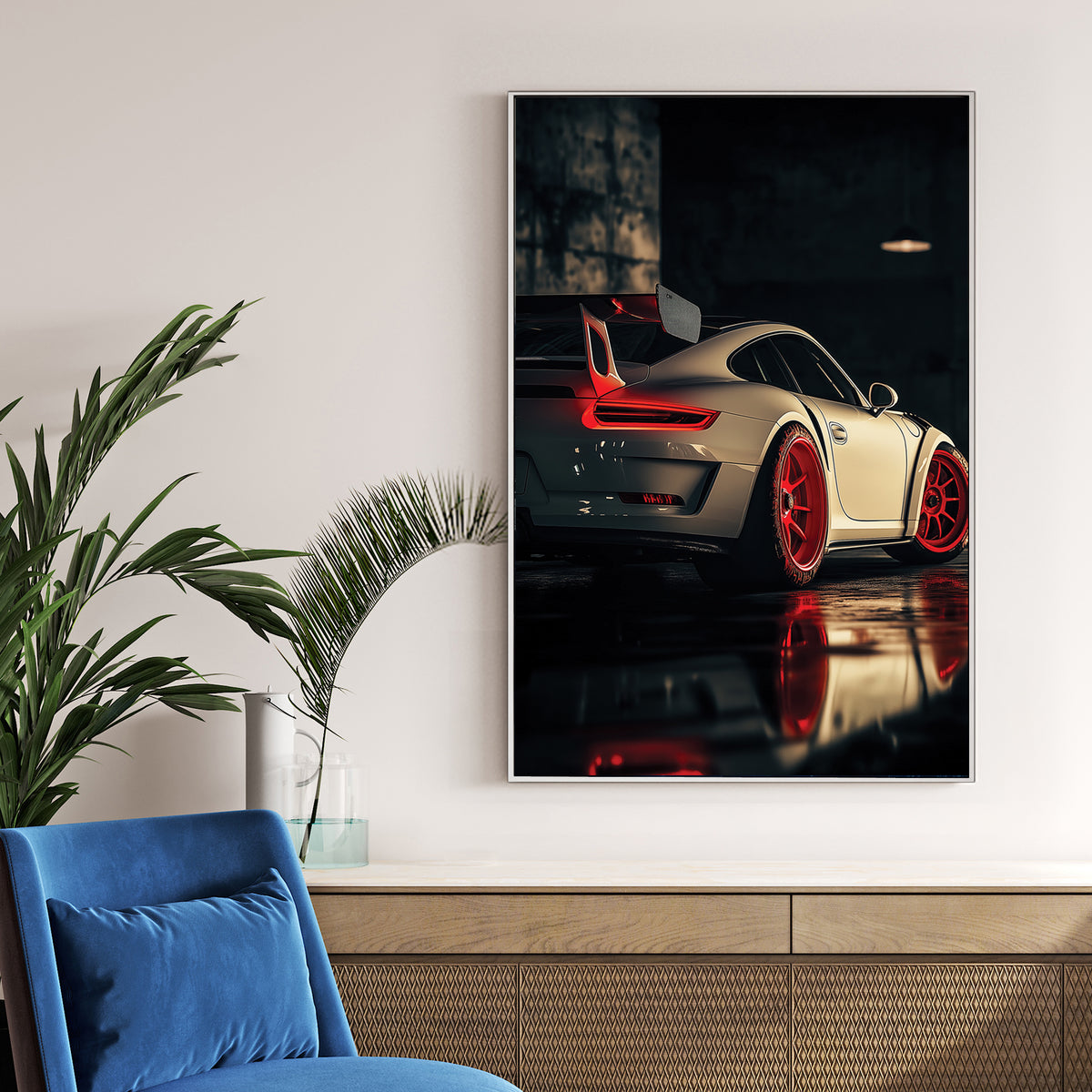 Porsche GT sports car in dark garage wall art