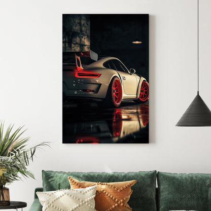 Porsche GT sports car in dark garage wall art