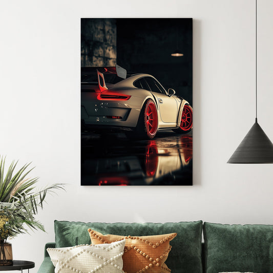 Porsche GT sports car in dark garage wall art