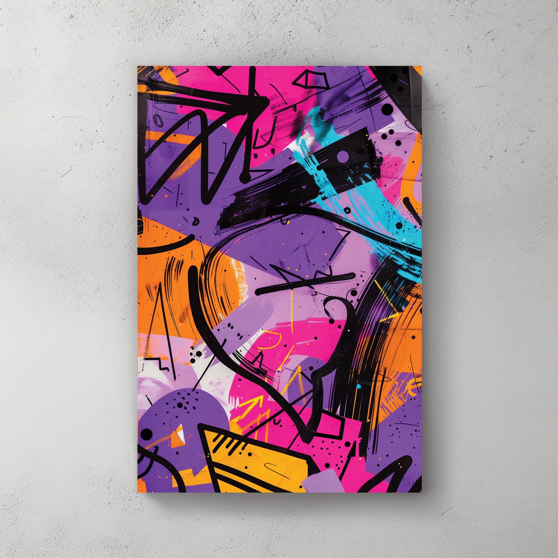 colourful graffiti style abstract wall art in purple, pink, and orange