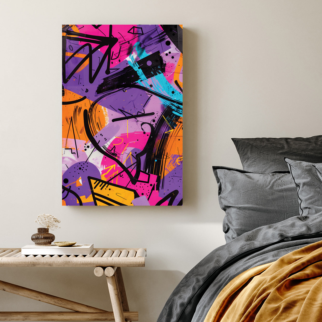 colourful graffiti style abstract wall art in purple, pink, and orange