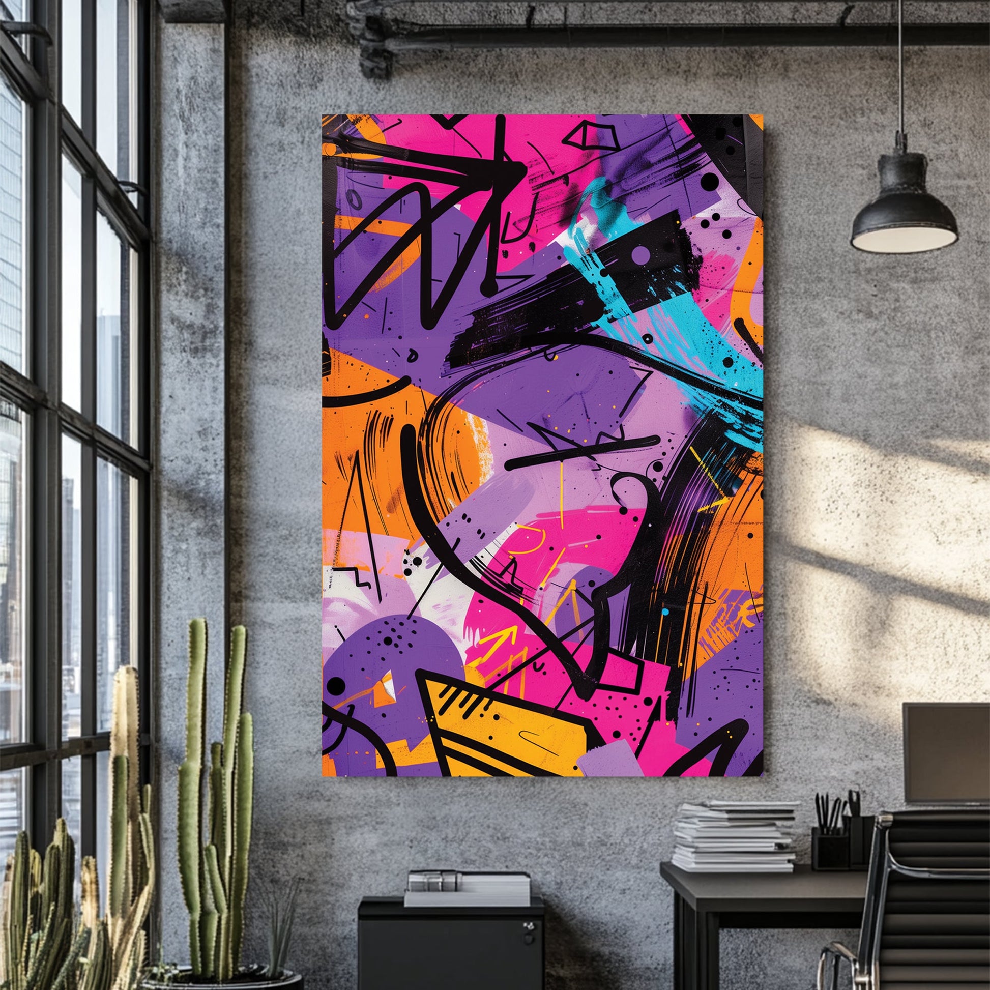 colourful graffiti style abstract wall art in purple, pink, and orange