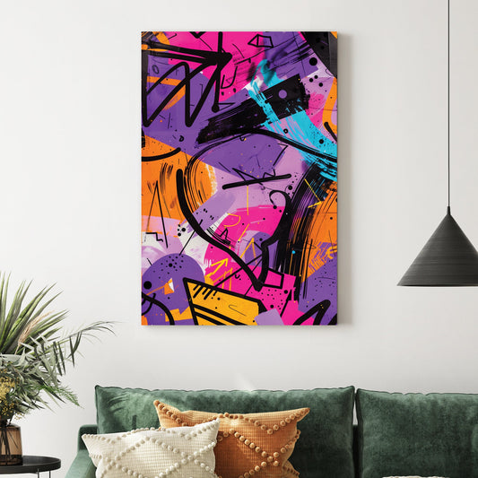 colourful graffiti style abstract wall art in purple, pink, and orange
