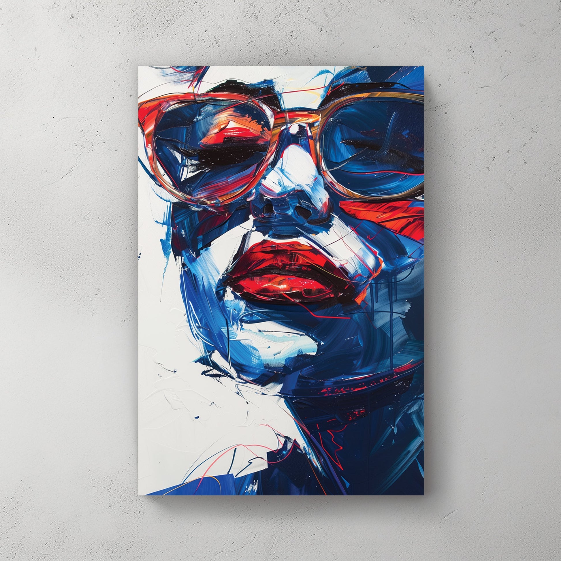 abstract woman with sunglasses wall art in red and blue tones
