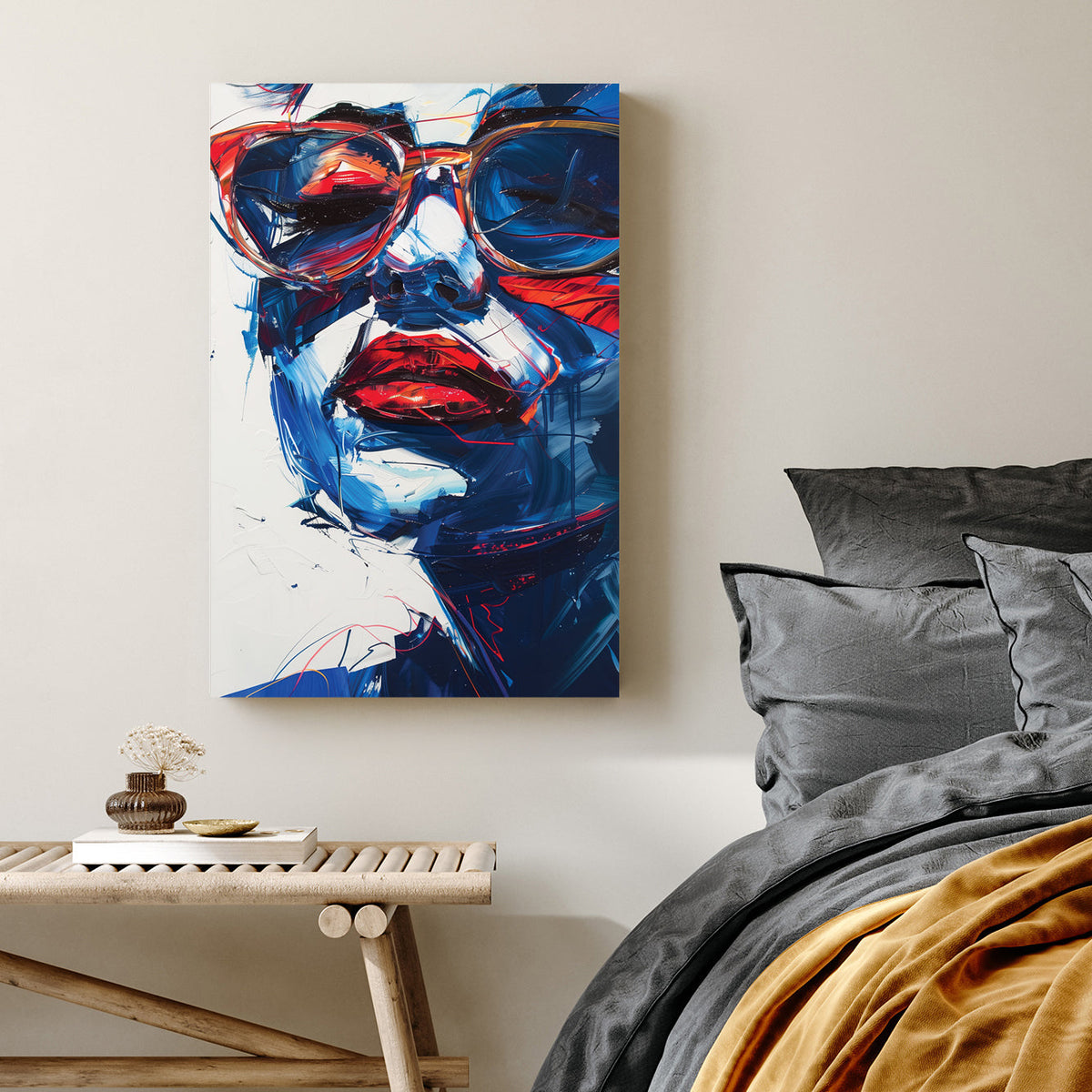 abstract woman with sunglasses wall art in red and blue tones