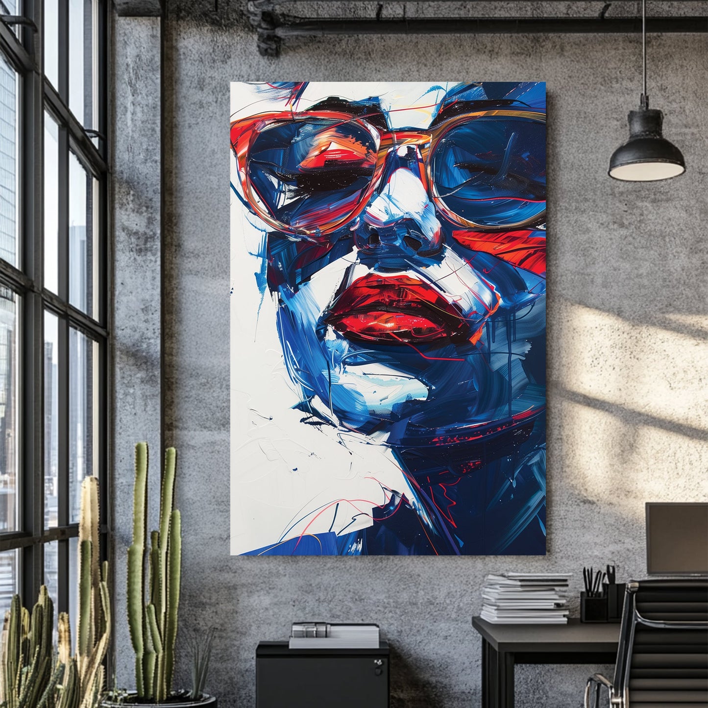 abstract woman with sunglasses wall art in red and blue tones