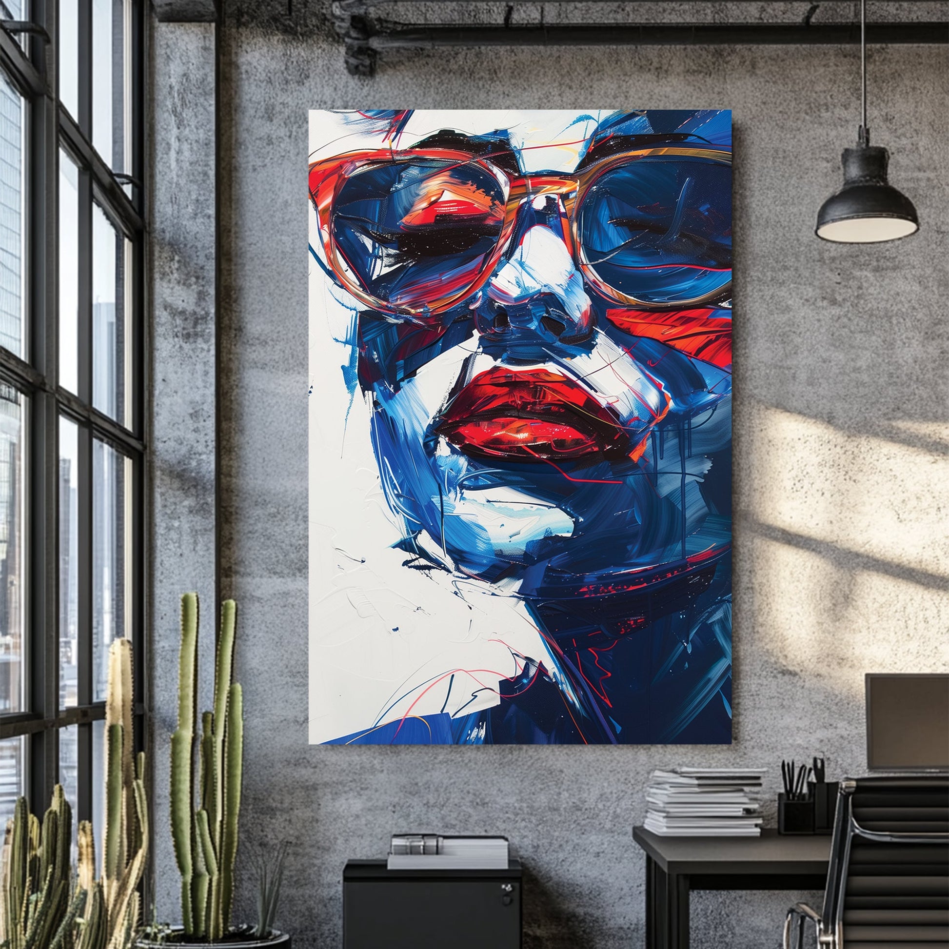 abstract woman with sunglasses wall art in red and blue tones