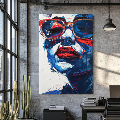 abstract woman with sunglasses wall art in red and blue tones