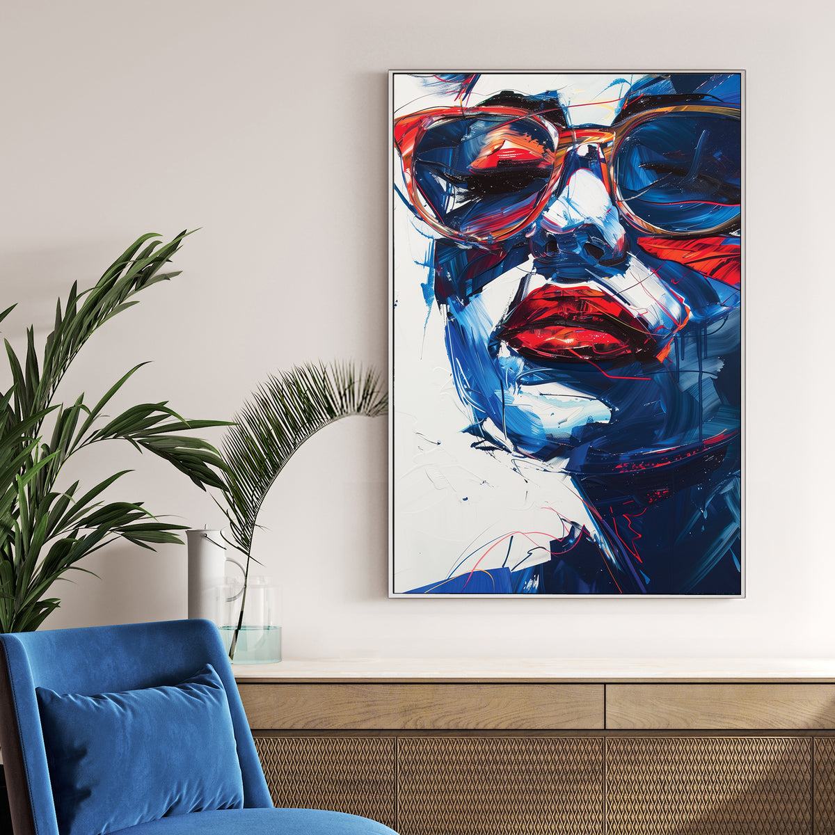 abstract woman with sunglasses wall art in red and blue tones