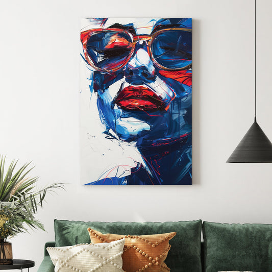 abstract woman with sunglasses wall art in red and blue tones