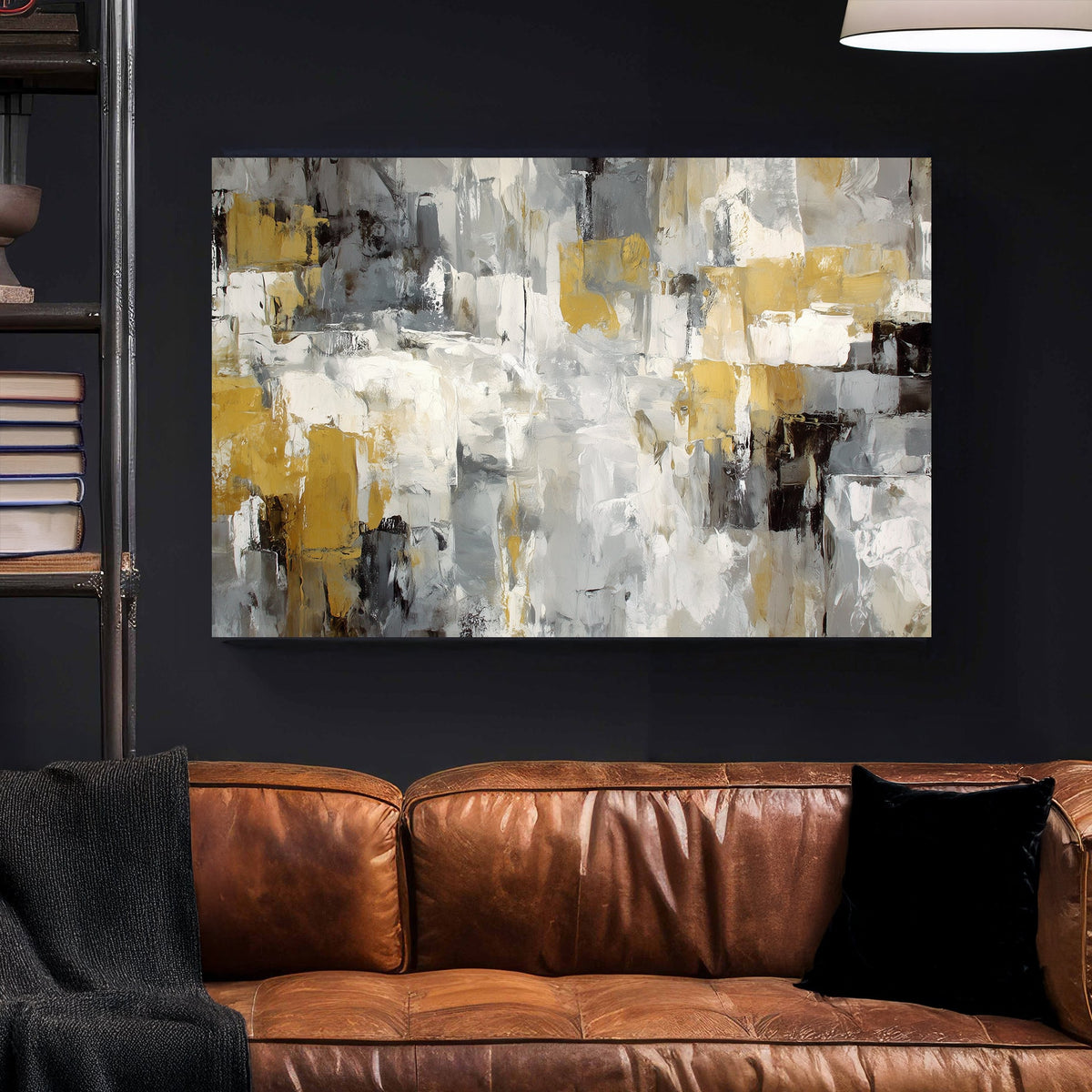 neutral abstract wall art in grey, white, and gold tones