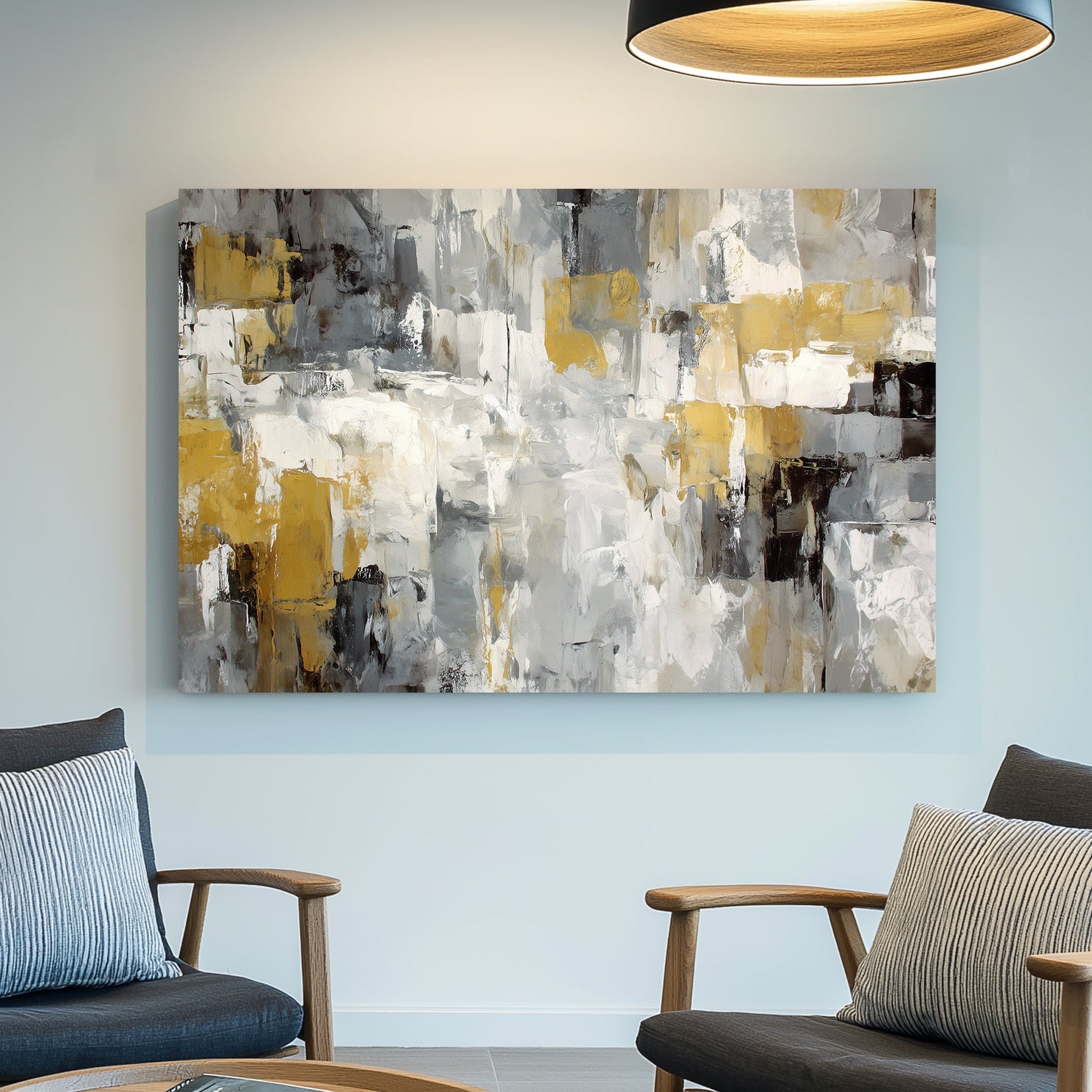 neutral abstract wall art in grey, white, and gold tones