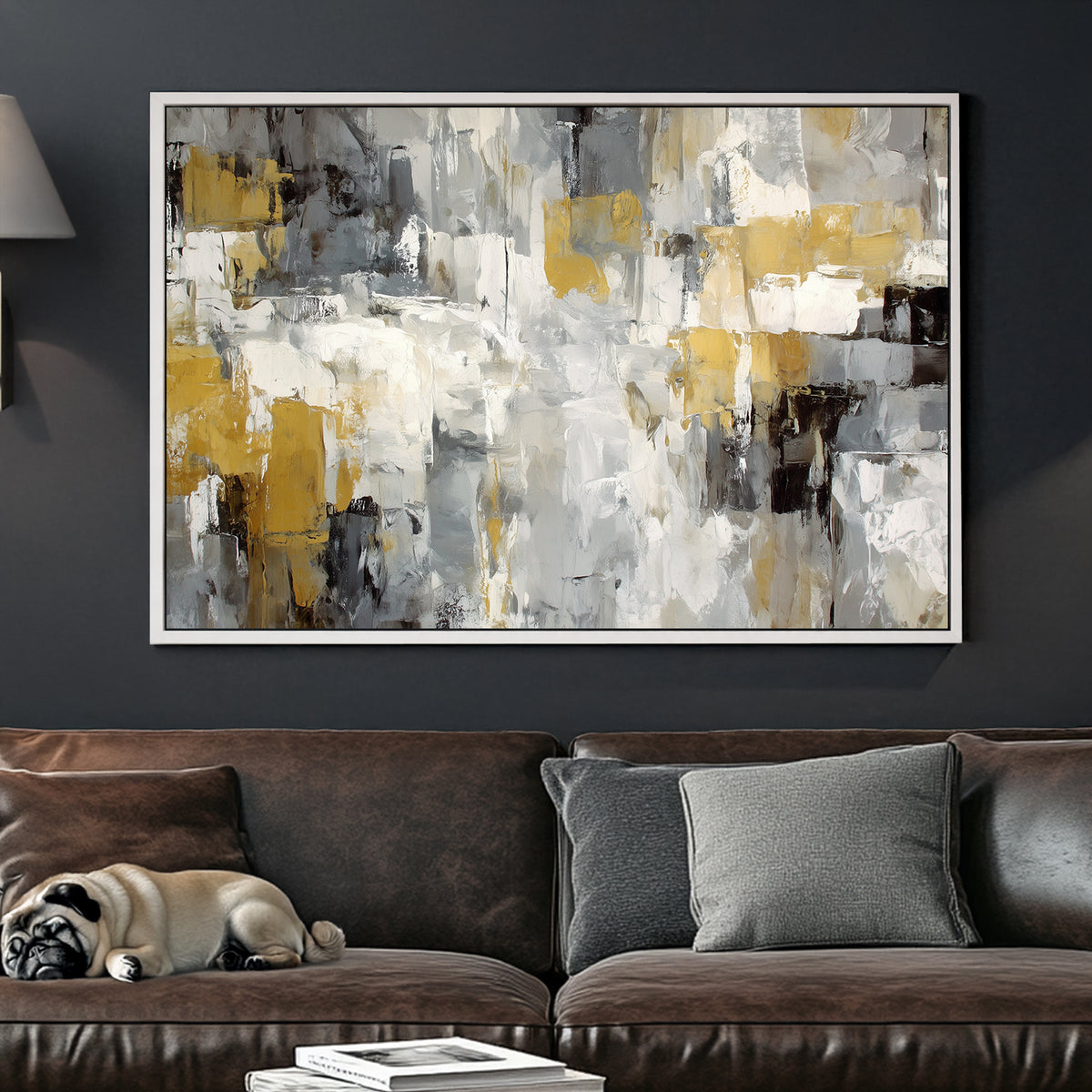 neutral abstract wall art in grey, white, and gold tones