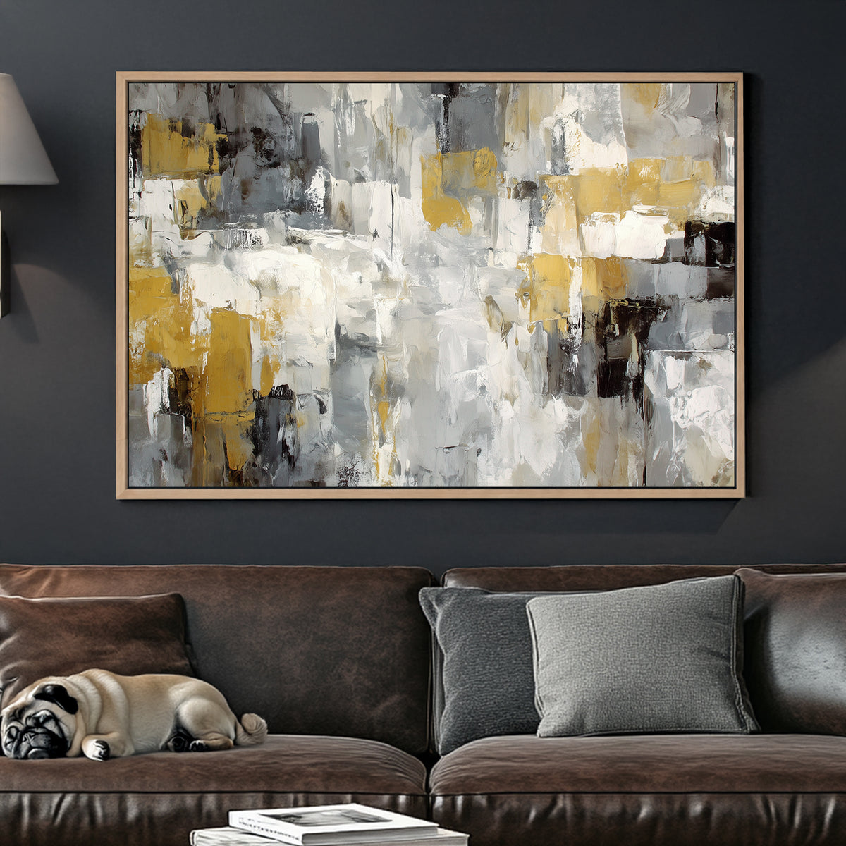 neutral abstract wall art in grey, white, and gold tones