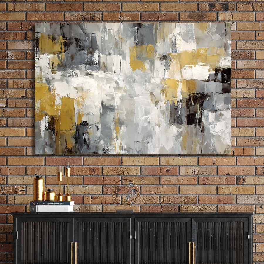 neutral abstract wall art in grey, white, and gold tones