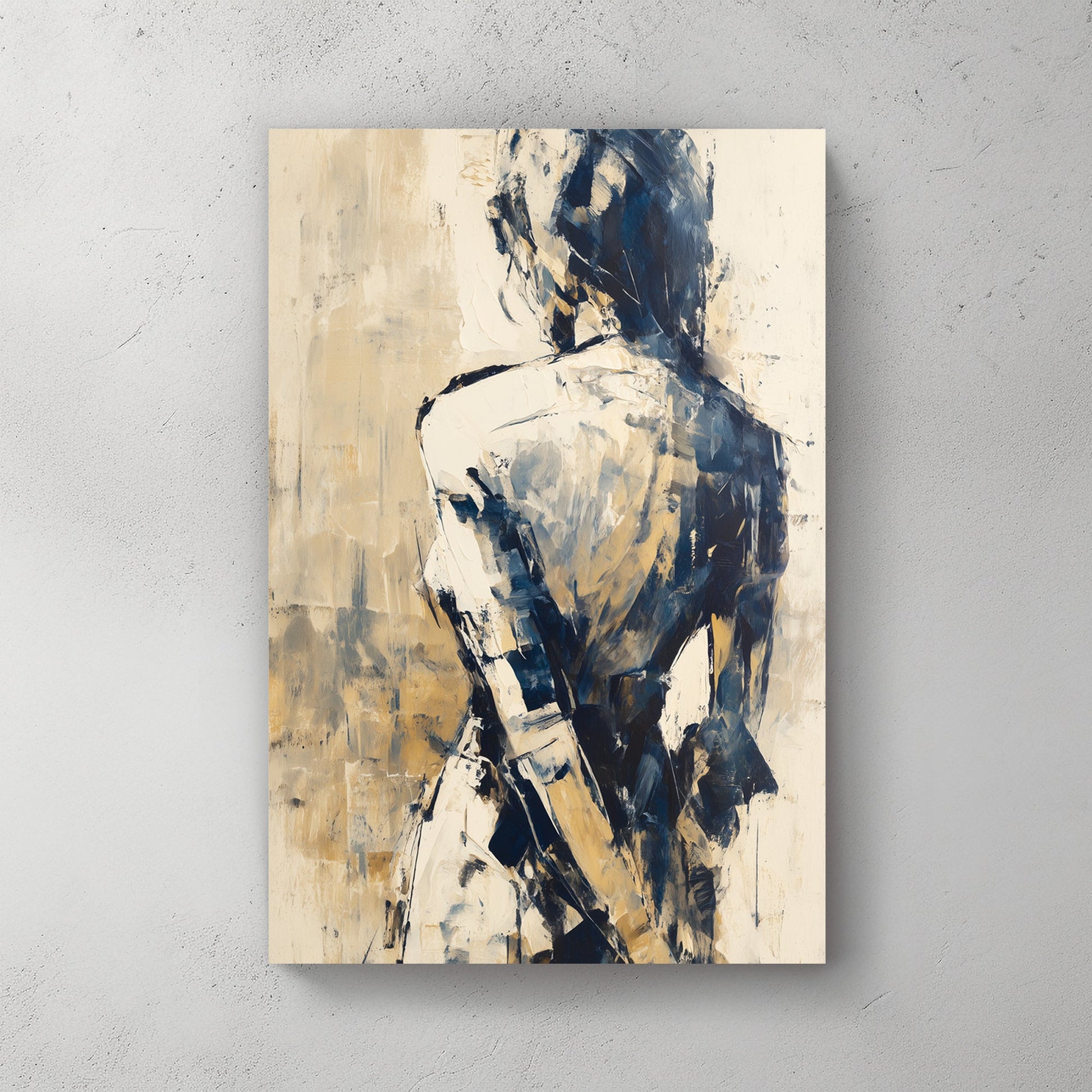 abstract wall art of a woman in blue and beige tones