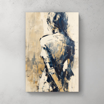 abstract wall art of a woman in blue and beige tones