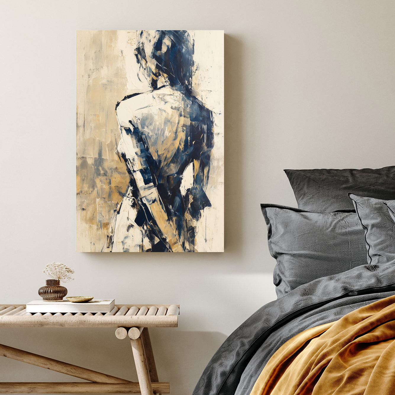 abstract wall art of a woman in blue and beige tones