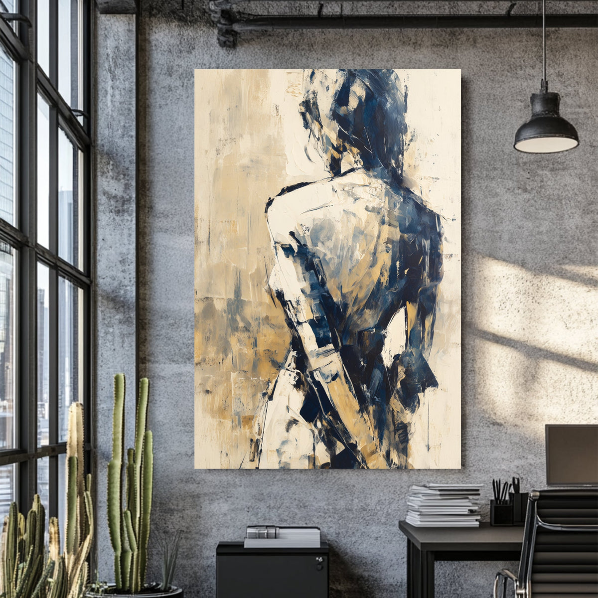 abstract wall art of a woman in blue and beige tones