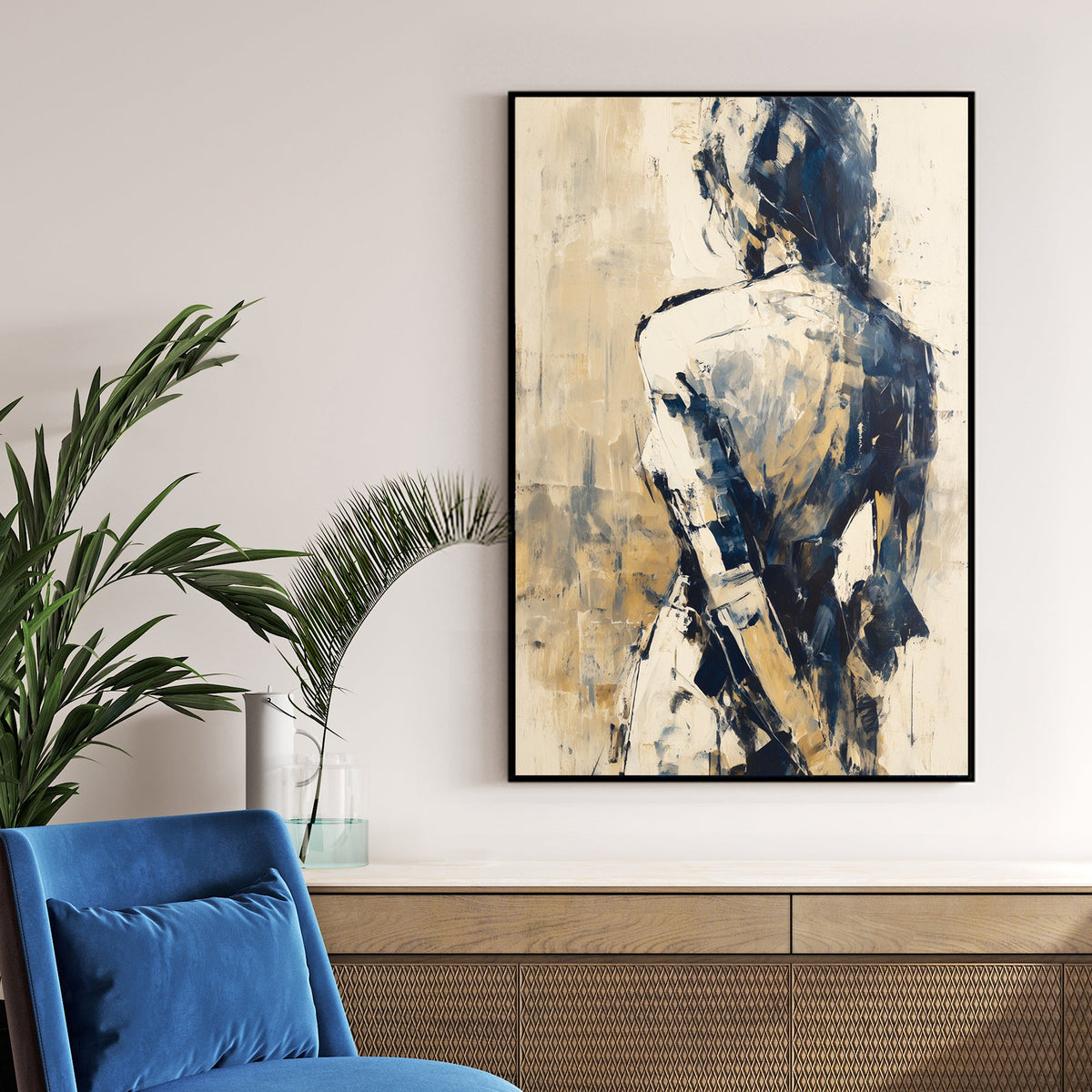 abstract wall art of a woman in blue and beige tones