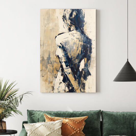 abstract wall art of a woman in blue and beige tones
