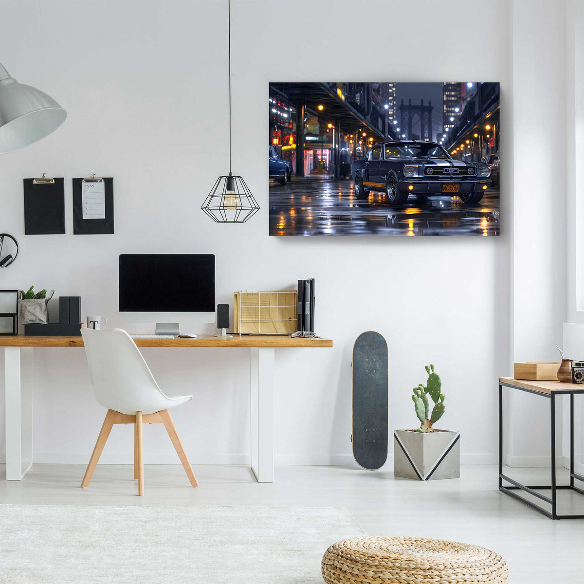 Modern office space with a desk, chair, and wall art of a Shelby Mustang city street scene.