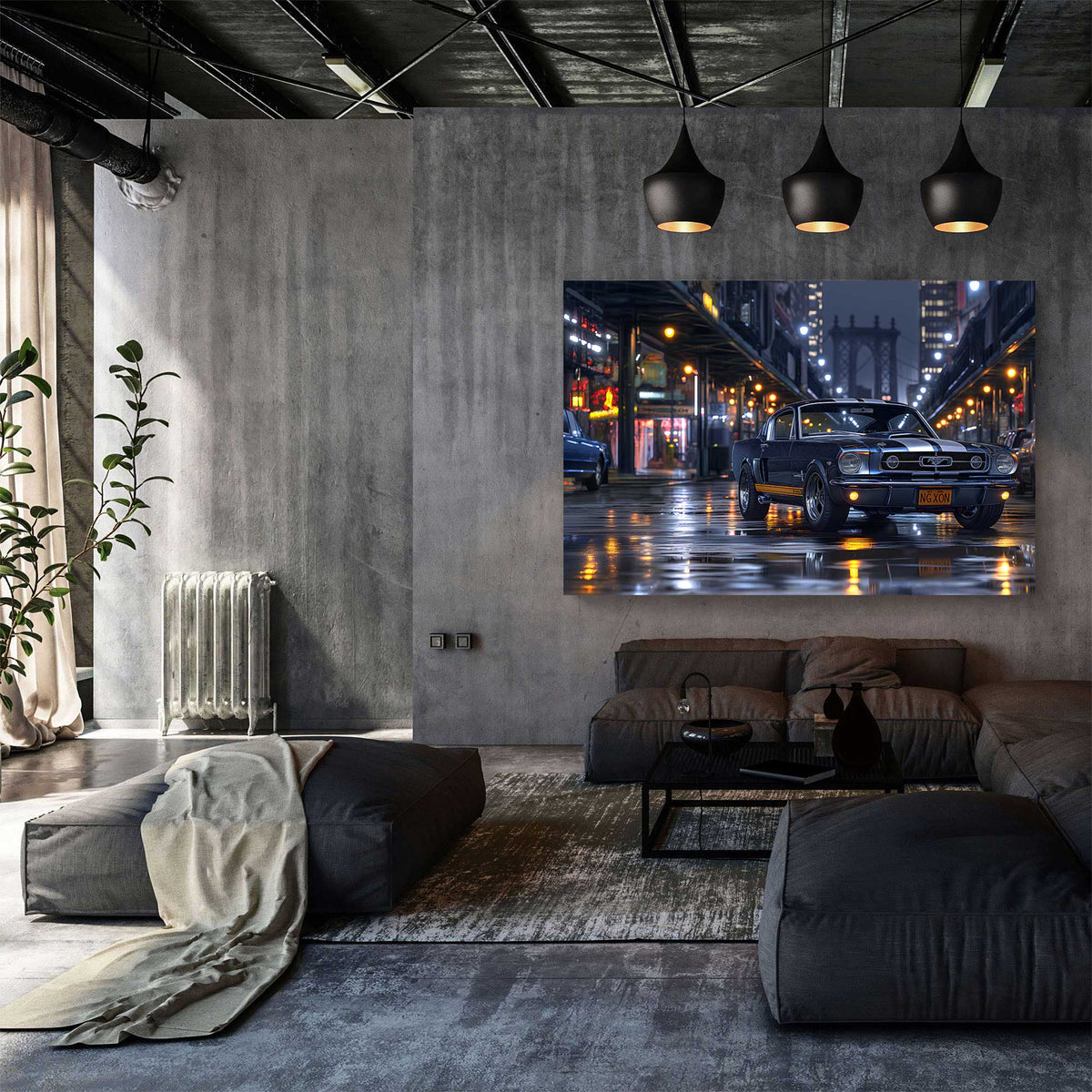 Living room with a large wall-mounted canvas displaying a city street scene with a Shelby Mustang.