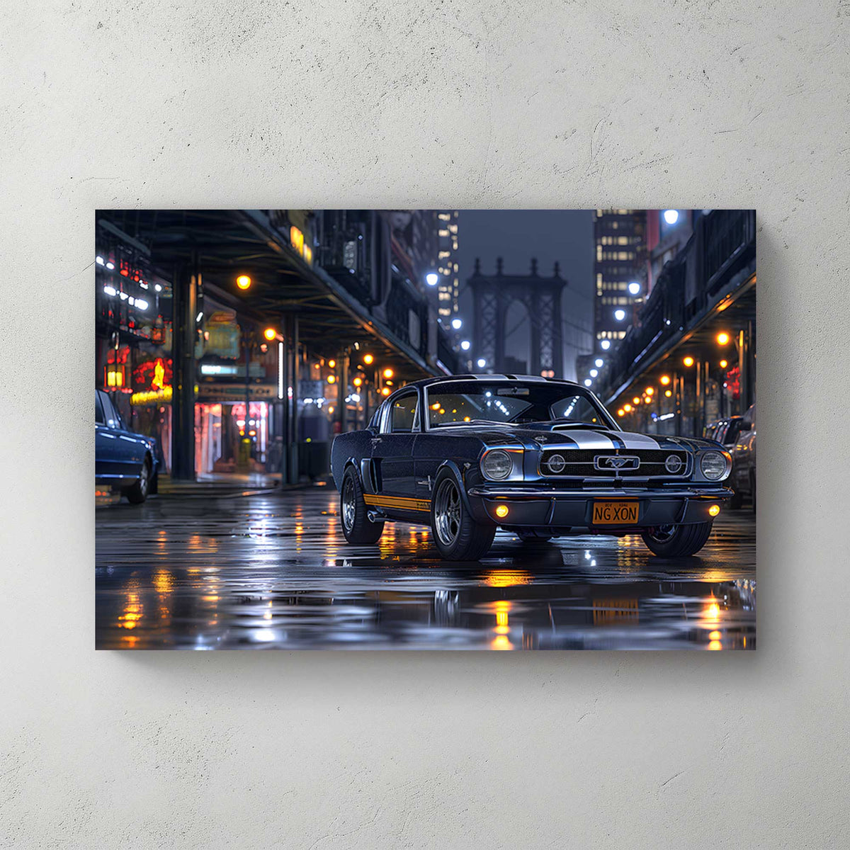 Shelby Mustang on a city street at night with reflections on the wet road.