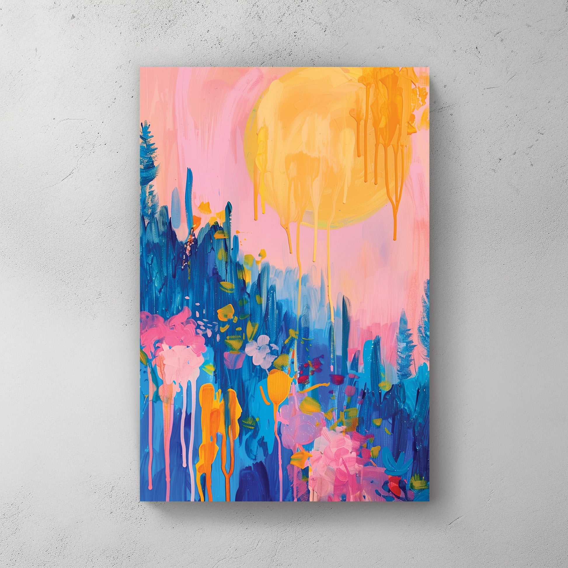 abstract floral sunrise wall art in pink, blue, and orange