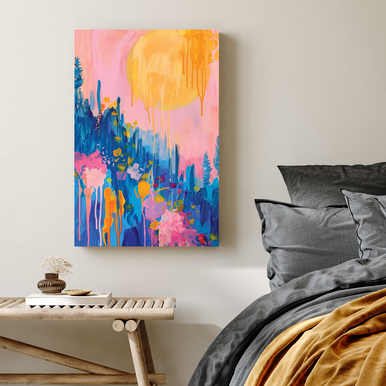 abstract floral sunrise wall art in pink, blue, and orange