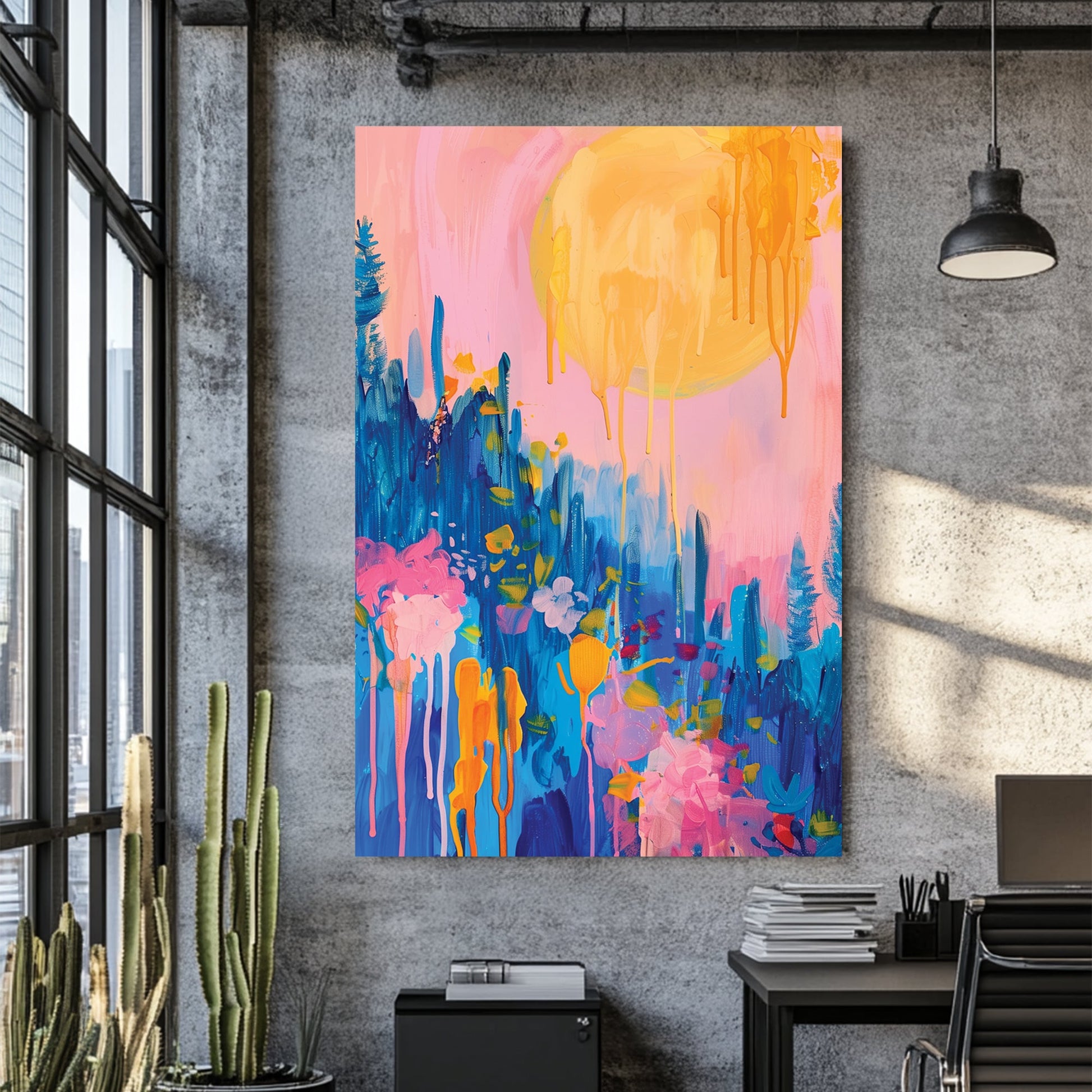 abstract floral sunrise wall art in pink, blue, and orange