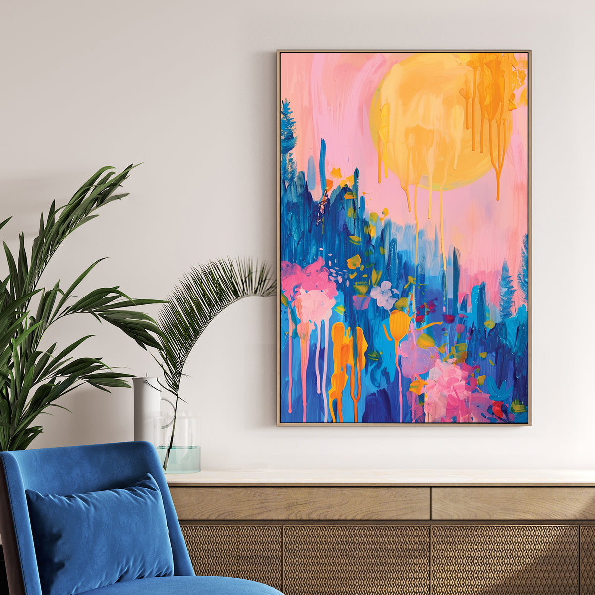 abstract floral sunrise wall art in pink, blue, and orange