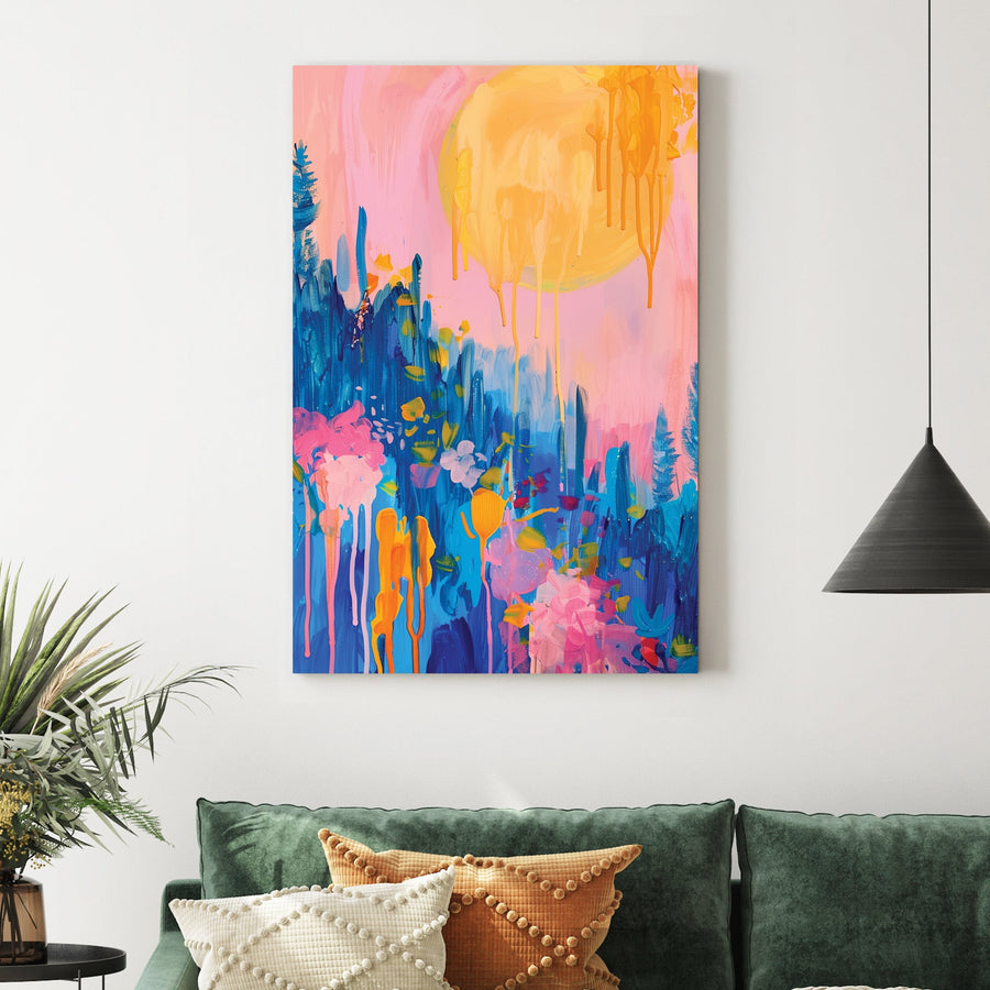 abstract floral sunrise wall art in pink, blue, and orange