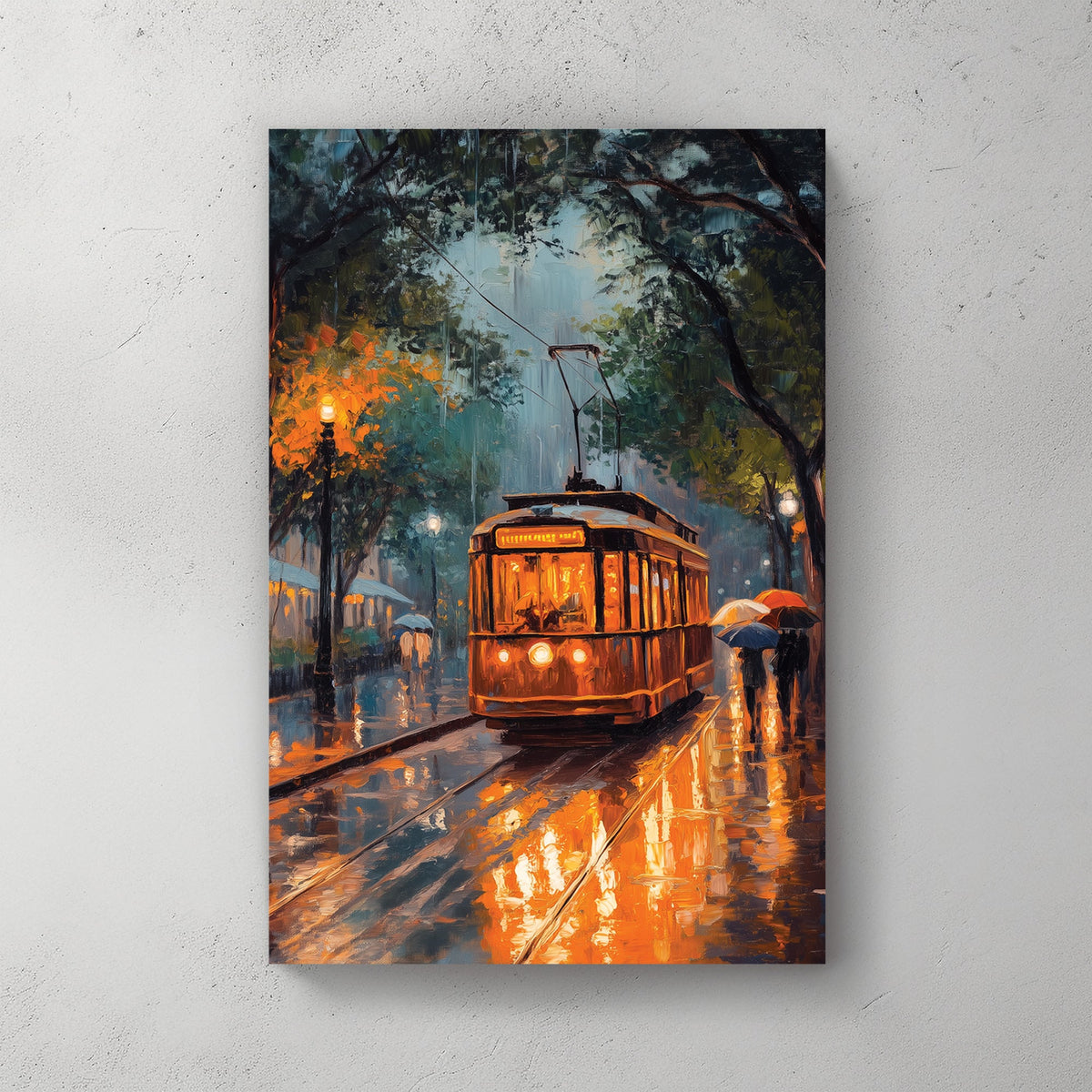 rainy night streetcar scene wall art with glowing lights and umbrellas