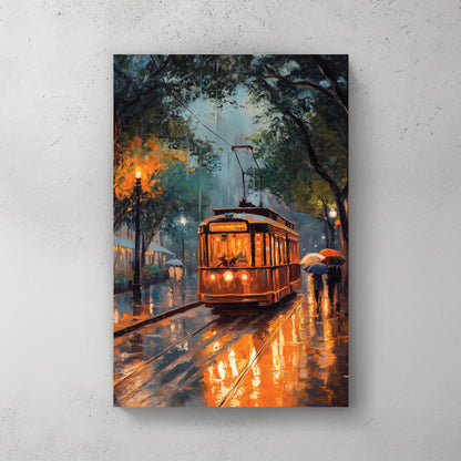 rainy night streetcar scene wall art with glowing lights and umbrellas