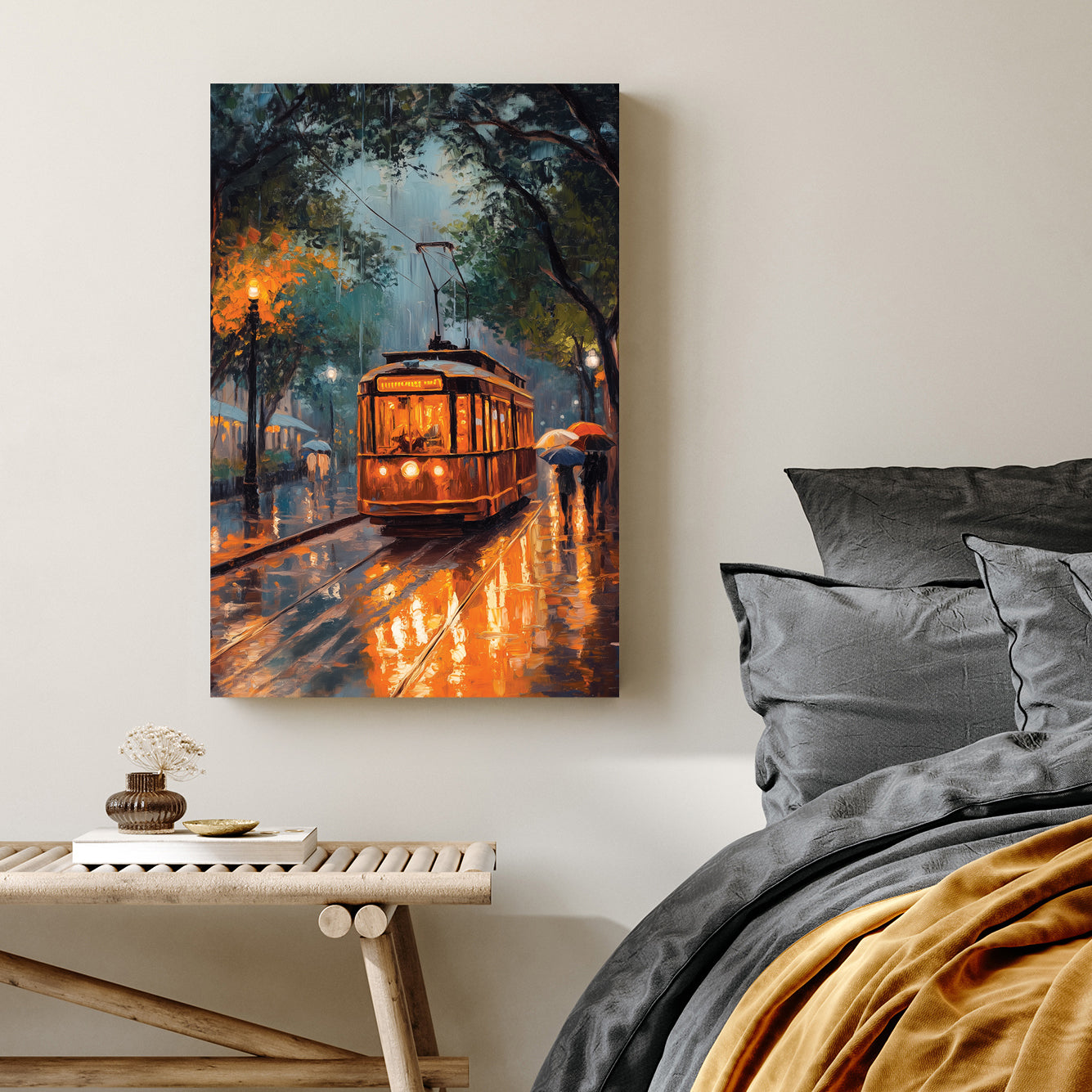 rainy night streetcar scene wall art with glowing lights and umbrellas