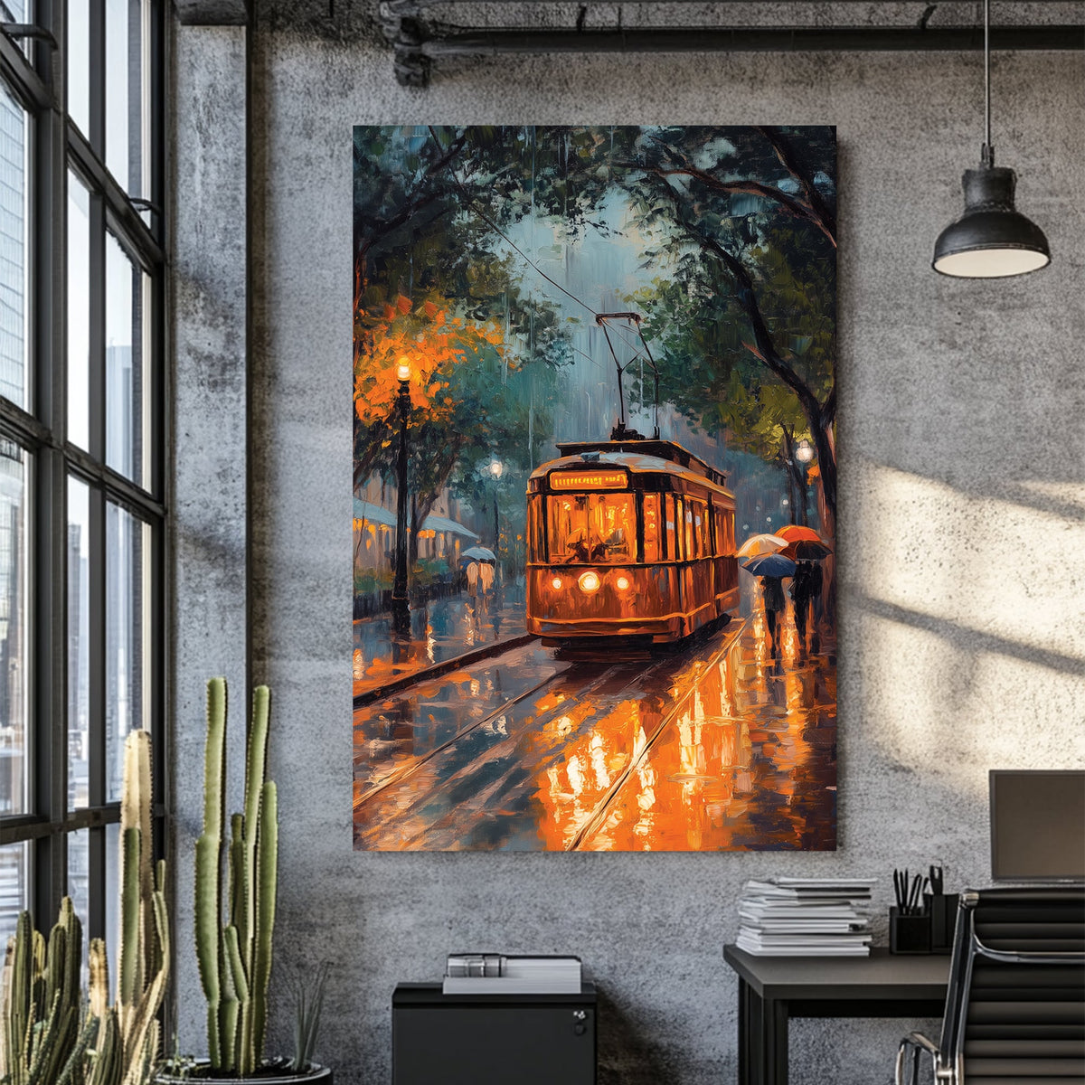 rainy night streetcar scene wall art with glowing lights and umbrellas