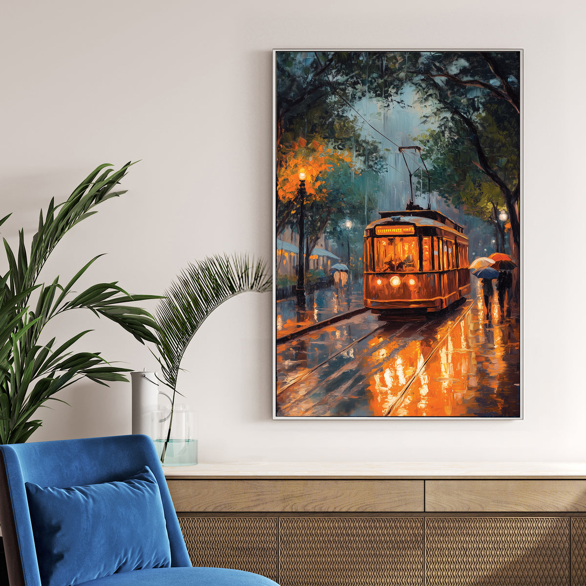 rainy night streetcar scene wall art with glowing lights and umbrellas