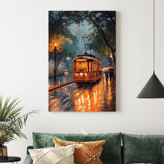 rainy night streetcar scene wall art with glowing lights and umbrellas