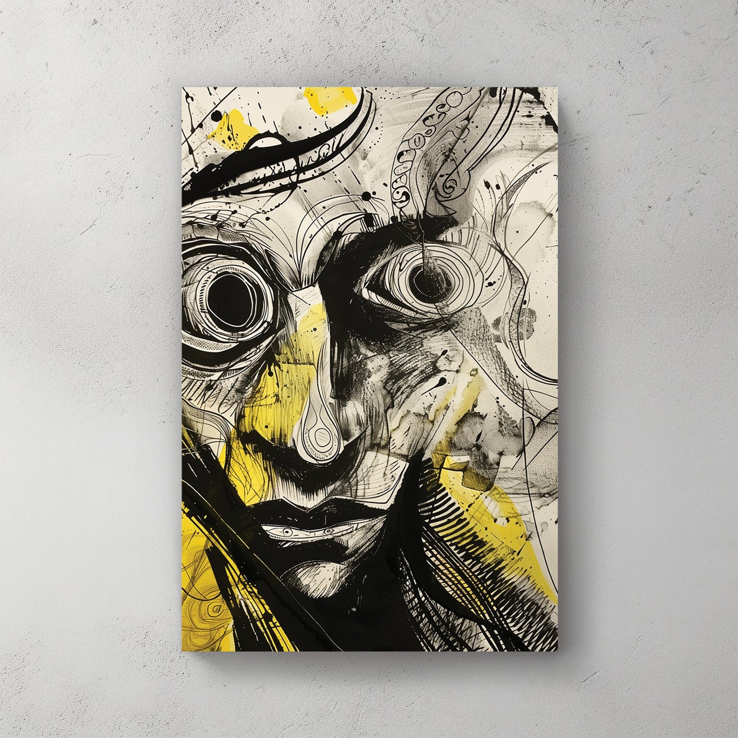 surreal abstract portrait wall art with bold black ink and yellow accents