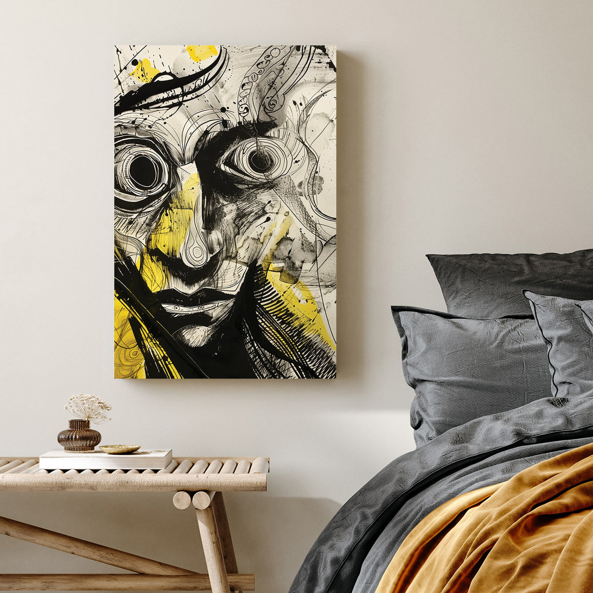 surreal abstract portrait wall art with bold black ink and yellow accents