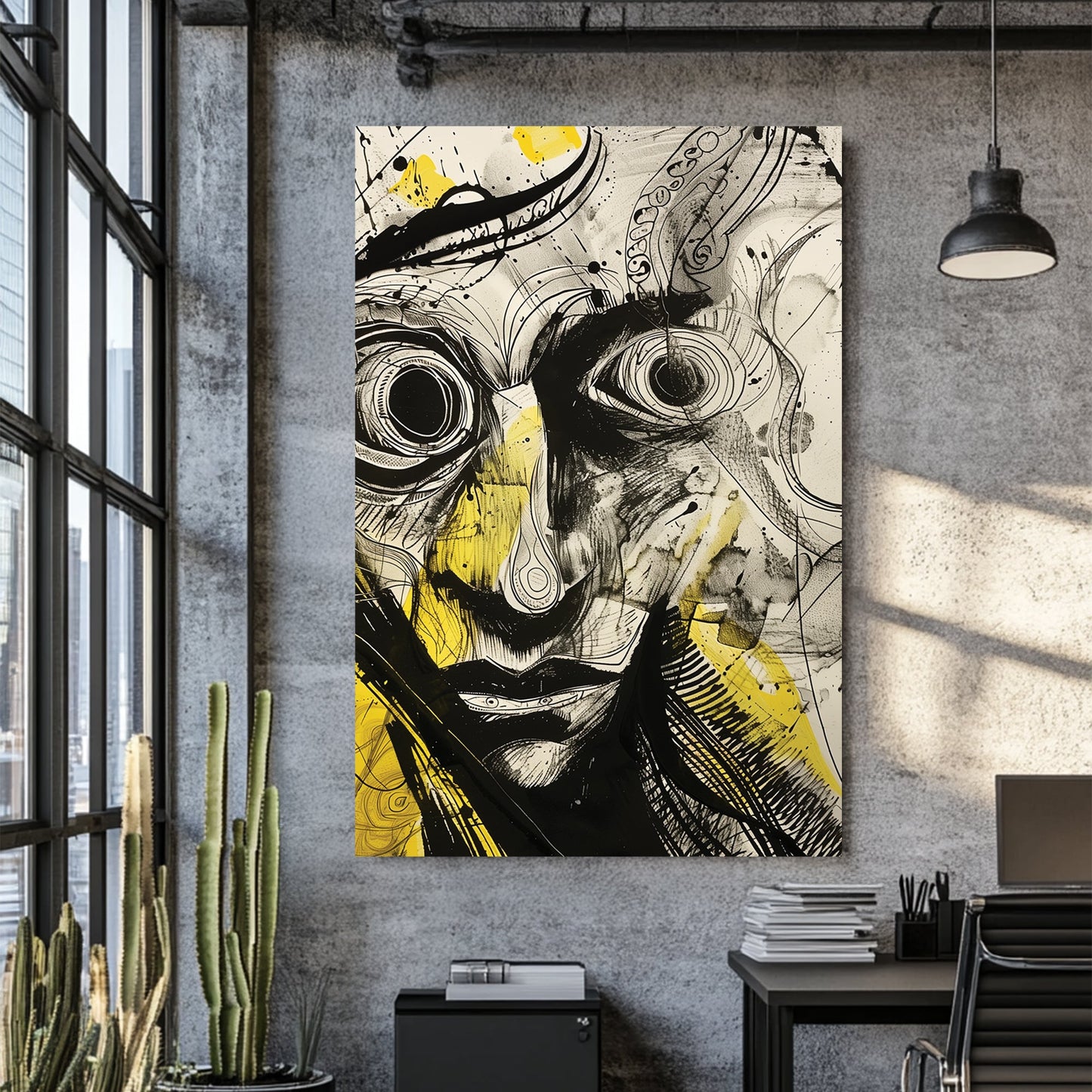 surreal abstract portrait wall art with bold black ink and yellow accents