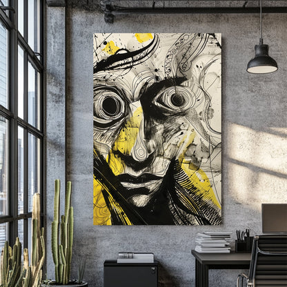 surreal abstract portrait wall art with bold black ink and yellow accents