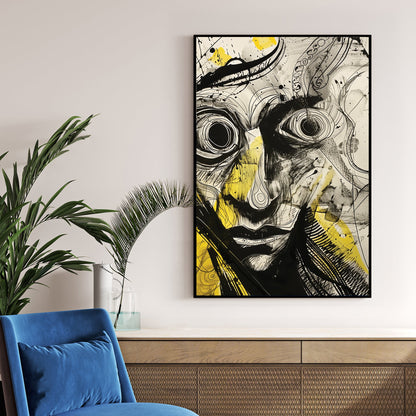surreal abstract portrait wall art with bold black ink and yellow accents