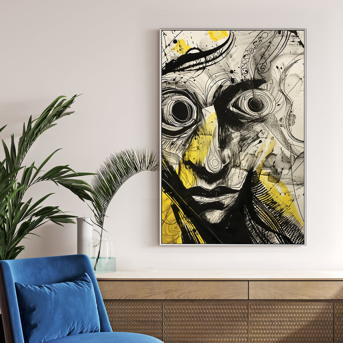 surreal abstract portrait wall art with bold black ink and yellow accents